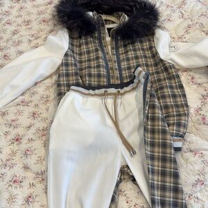 Plaid Vest and White Jogger Set with Fur Trim